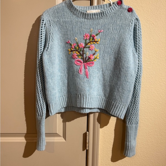 LoveShackFancy Light Blue Sweater with Pink Floral Embroidery - Picture 5 of 12